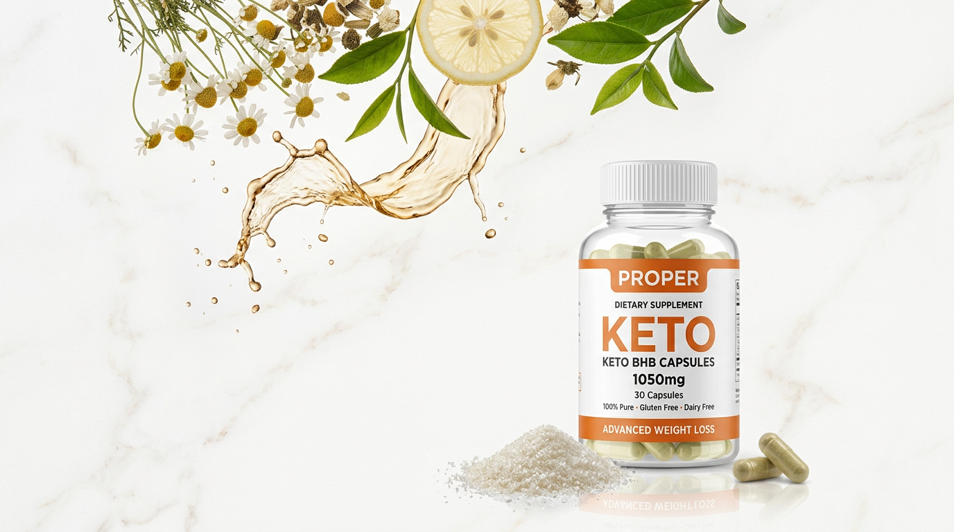 Composición premium de Proper Keto Capsules sobre fondo de mármol